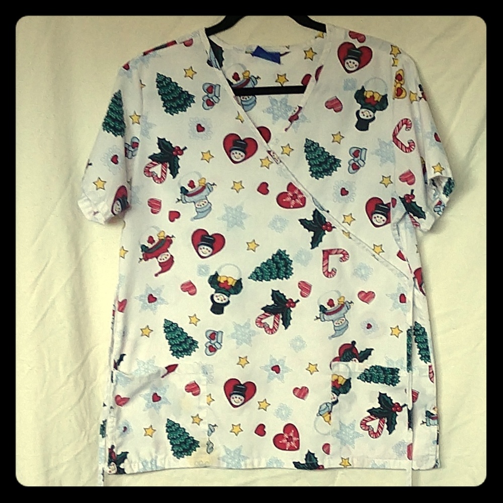 Snowman and Trees v neck scrub top